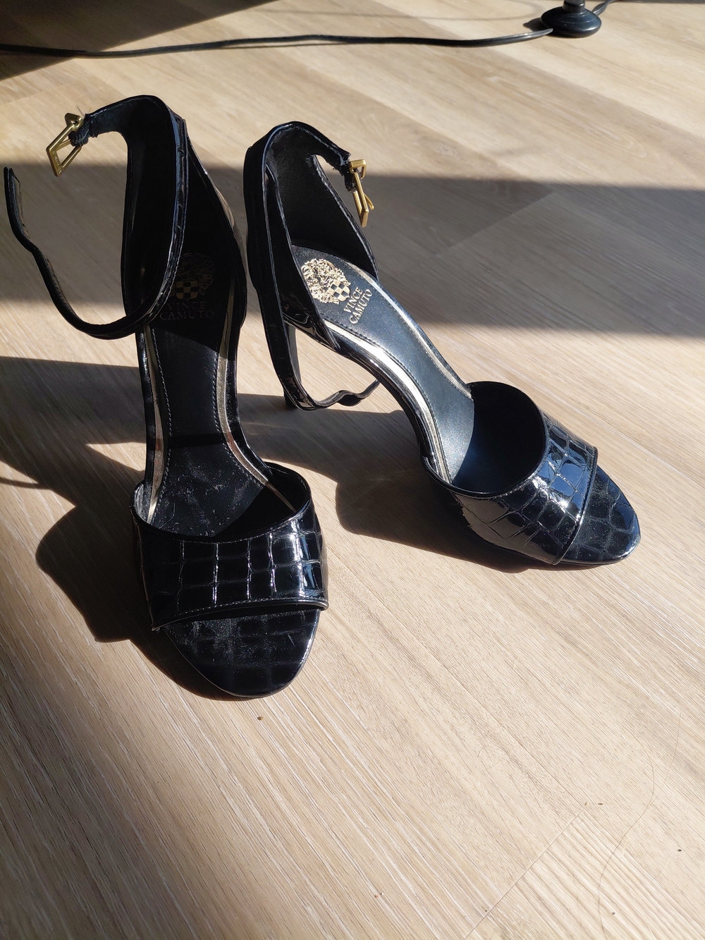 Croc-Embossed Black Ankle-Strap Heels